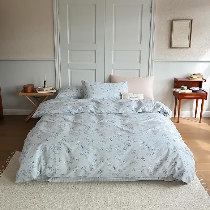 LifeTB Vintage Blue Floral Duvet Cover Queen 100% Cotton Retro Flower Bedding Comforter Cover Boho Garden Floral Bedding Set Farmhouse Cottagecore Duvet Cover with Zipper Closure 4 Ties