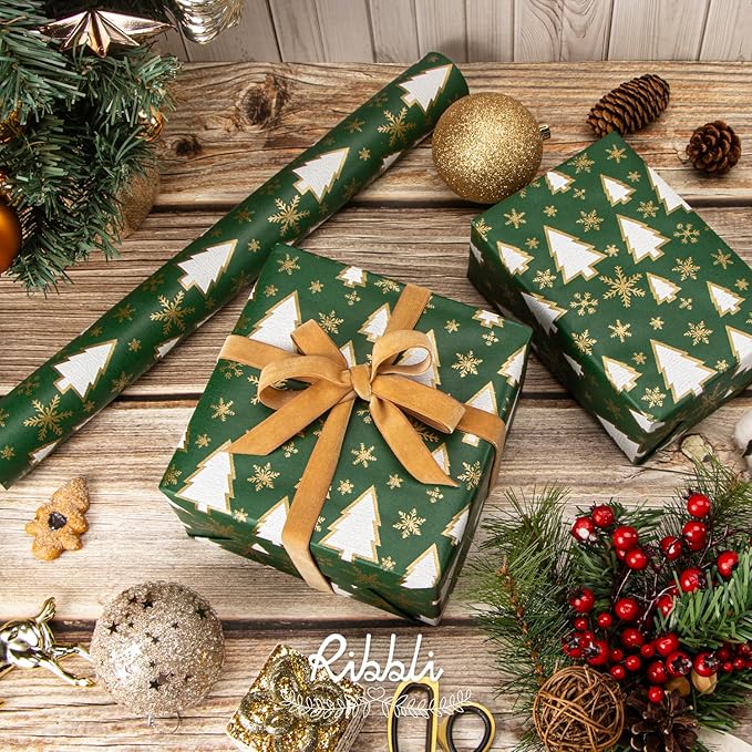 Ribbli Christmas Tree with Gold Snowflake Kraft Wrapping Paper Roll, Holiday Presents Decoration, Mini Roll - 17 Inch x 33 Feet Per roll