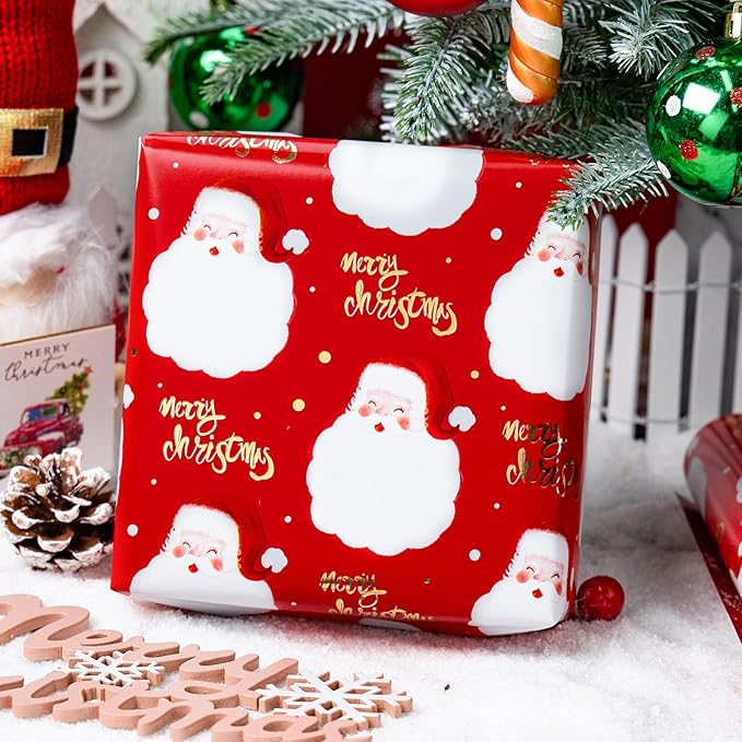 MAYPLUSS Red Christmas Wrapping Paper Roll - 17IN X 33FT - Santa Gift Wrapping Paper Featuring Santa Claus Gold Merry Christmas Reversible Snowflake for Kids, Holiday, New Year