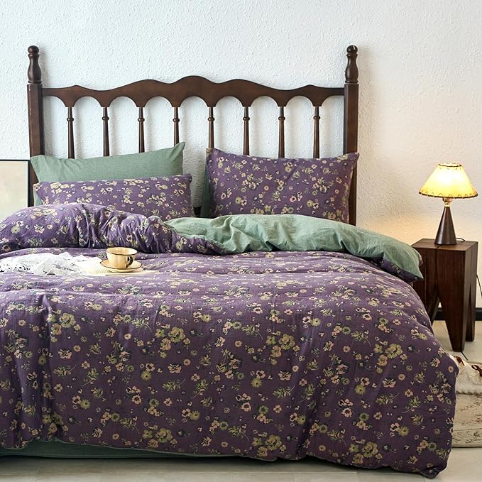 mixinni Vintage Floral Duvet Cover Queen Set - Purple & Green Reversible Jacquard, 100% Yarn-Dyed Double-Layer Cotton, Breathable Luxury Bedding (3-Piece, Includes 2 Pillowcases) Farmhouse & Bohemian