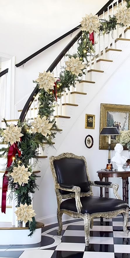 4 Pcs Poinsettia Artificial Christmas Flowers - 11.8" Christmas Flower Picks Large Champagne Gold Glitter Ornaments Silk Floral Stems for Xmas Tree Decoration Wreath Garland Fireplace Stairs Decor