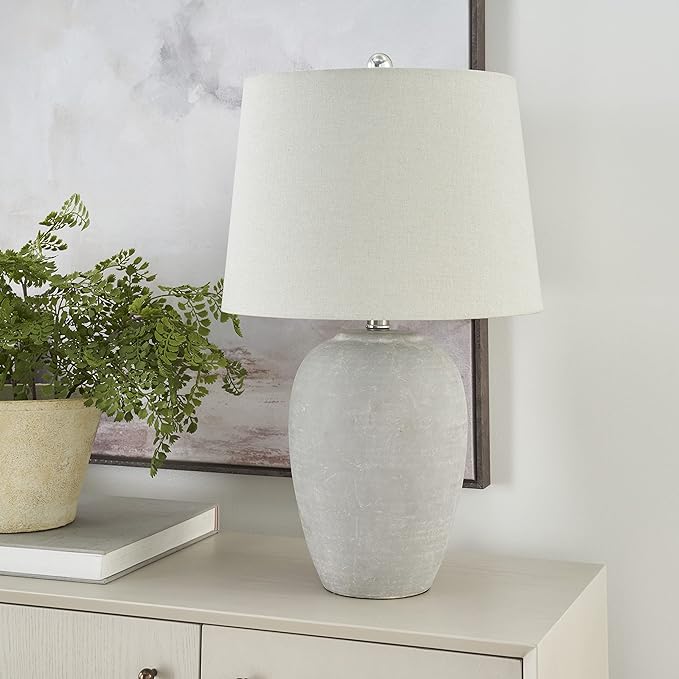 Nourison Home 23" Vintage Grey (White Washed) Ceramic Pot Table Lamp for Bedroom, Living Room, Dining, Office, with Grey Shade