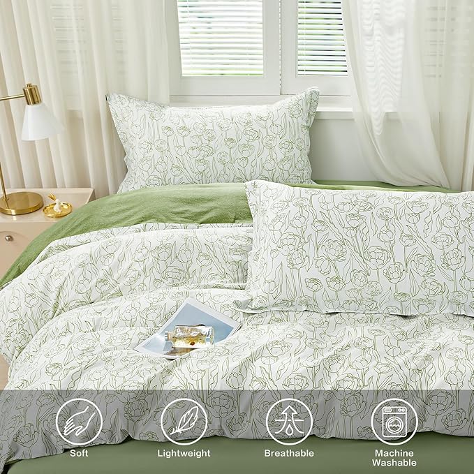 SAPHREAS White Duvet Cover Set Twin Size 2pcs Green Floral Bedding Comforter Cover Set 100% Cotton 1 Duvet Cover 68"x90" 1 Pillow Sham, Comforter Not Included