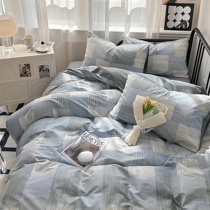 Farmhouse Twin XL Geometric Patchwork Comforter Set with Fluffy Plaid Striped Comforter and 2 Pillowcases for All Season Bedding
