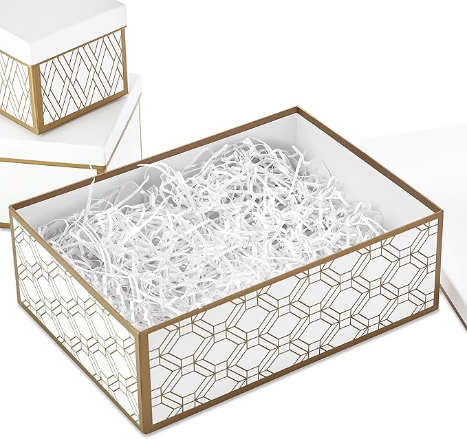 Hallmark Nested Gift Boxes with Lids and Fill (Set of 3, White and Gold, Assorted Sizes) for Weddings, Bridal Showers, Bridesmaids, Christmas, Hanukkah, Birthdays, Valentine's Day