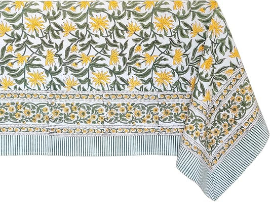 ATOSII Noor 100% Cotton Rectangle Spring Tablecloth, Handblock Floral Print Linen Table Cloth for Kitchen Dining I Parties, Outdoors, Weddings, Easter Holidays I 72 X 140 Inches I 12 Seater