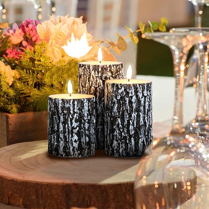 Eywamage Bark Flameless Pillar Candles with Remote, Farmhouse Wood LED Candles Battery Operated Flickering Christmas Decor Set of 3