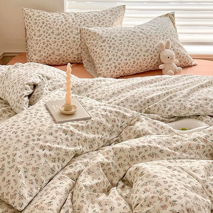 HighBuy Boho Floral Duvet Cover Twin XL White Cotton Coquette Comforter Quilt Duvet Covers with Pink Floral,Garden Floral Bedding Set Twin XL Lightweight Soft Cottagecore Duvet Cover Sets Cute