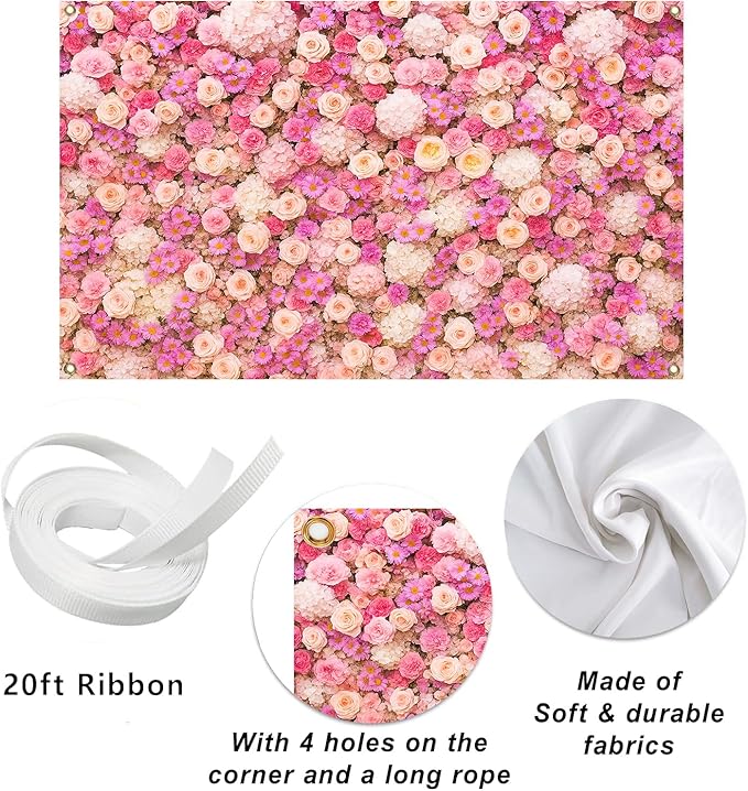 Pink Flower Wall Backdrop 7x5ft Elegant Floral Photography Background Banner for Wedding, Bridal Shower, Baby Shower Girl, Birthday Party, Engagement & Photo Booth Decor