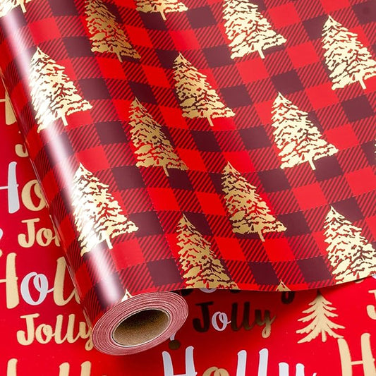 MAYPLUSS Christmas Wrapping Paper Roll, Red Plaid Wrapping Paper, Classic Red Christmas Tree and Plaid Gift Wrap with Metallic Foil Shine for Holiday Gift Packaging (17 Inch X 16.5 Feet)