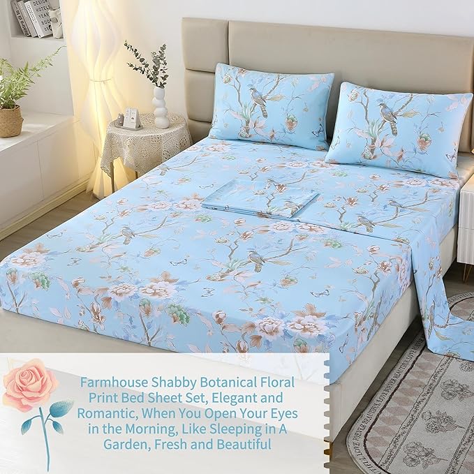 RYNGHIPY Egyptian Cotton Bed Sheet Set Blue Bird Botanical Pattern Bed Sheets Deep Pocket Fitted Sheet Tree Branches Print Bedding Soft Breathable (Light Blue,King Size)