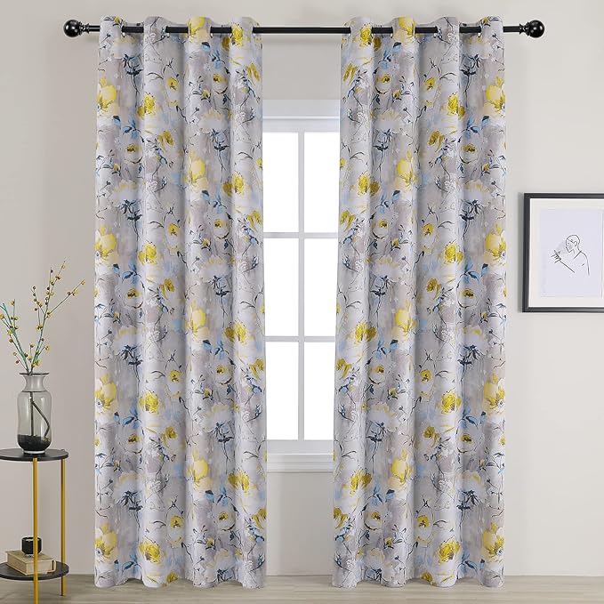 MYSKY HOME Floral Blackout Curtains for Living Room Vintage Floral Curtains Drapes 72 Inches Room Darkening Thermal Insulated Curtains Panels with Grommet, 2 Panels, 52 x 72 Inch, Grey and Yellow