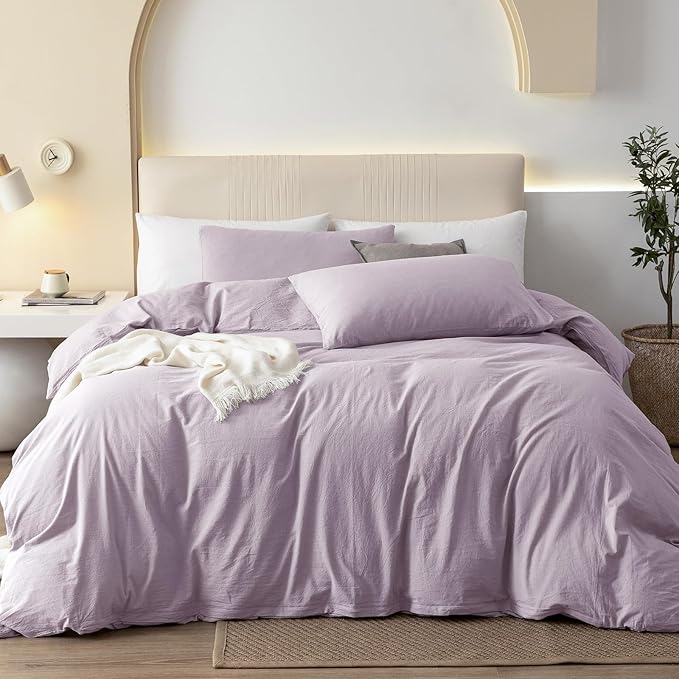 JIYUAN 100% Washed Cotton Duvet Cover Set 3 Pieces King, 1 Duvet Cover 104x90 Inches(Comforter Not Included) and 2 Pillowcases,Linen Like Comfy and Breathable,Heathered Light Purple
