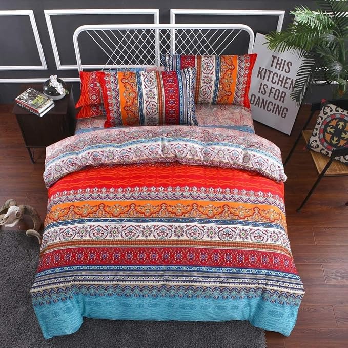Bohemian Queen Comforter Set Soft Chic 3 Pieces Bedding Boho Queen Comforter Set Lightweight Exotic Red Teal Boho Mandala Colorful Vintage Comforter Bed Set for All Seasons (Queen)