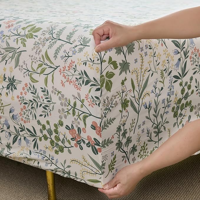 100% Cotton Sheet Set King Size – 4-Piece Vintage Green Garden Floral Bedding Set, Soft Breathable Percale Weave, Deep Pocket Fitted Sheet 17.5", Crisp Cool Feel, Refined Botanical Elegance
