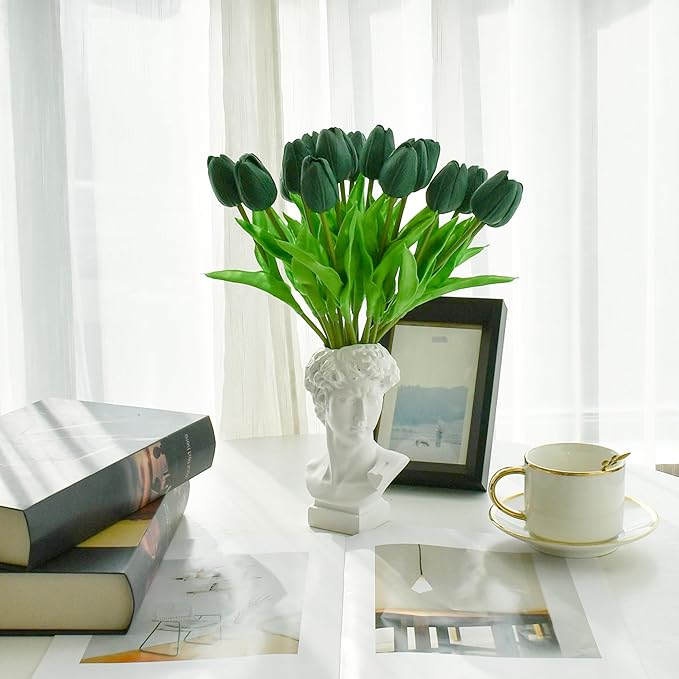 Mandy's Artificial Tulips 20 Stems Dark Green PU Faux Flowers for Thanksgiving and Christmas Decorations Wedding Home Decor 13.5 Inch