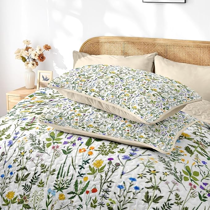 Quilt Set King Size, Garden Floral 3 Pcs Soft Bed Cover Bedding Set, Country Rustic Farmhouse Lightweight Bedspread Coverlet with 2 Pillow Sham for All Season