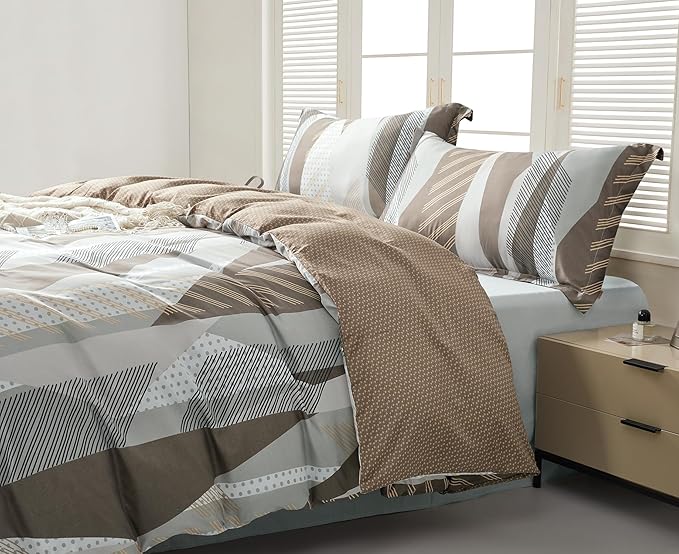 SAPHREAS Dot Stripes Geometric Pattern Duvet Cover Set King Size Microfiber Brown Khaki White Patchwork Bedding Comforter Cover Set 1 Duvet Cover 2 Pillow Shams