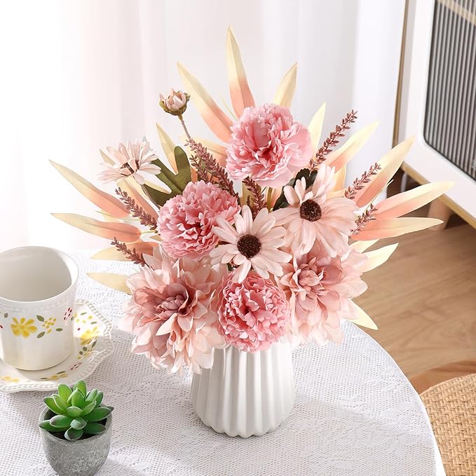 Dremisland Artificial Flowers Bouquet Silk Floral Arrangements Faux Flowers Plant for Home Decor Wedding Bride Bouquets Floral Tables Centerpieces for Home Decor Indoor Vase Table Decor (Pink)