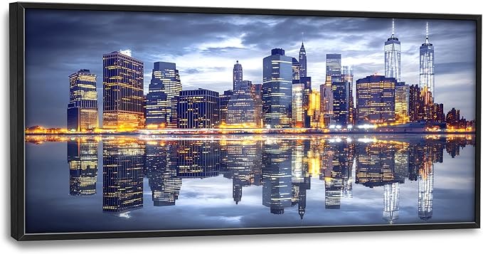 New York City Large Wall Art Framed Wall Decor for Living Room, Manhattan Skyline at Night Pictures Oversized Canvas Print Painting Modern Extra Large Framed Artwork for Bedroom Office 60"x30"