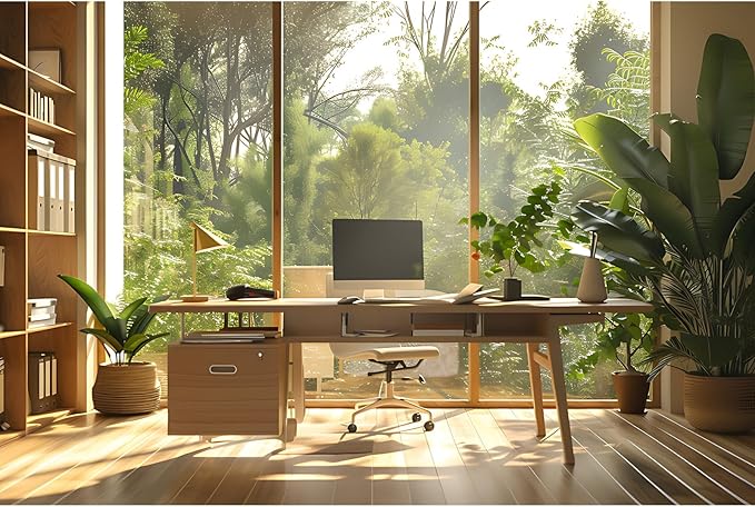 Office Background for Video Conference Modern Cozy Home Office Space Work Place Backdrop Sunlight Indoor Plants Tranquil Work Environment for Live Video Zoom Calls Studio Props Decor 9x6ft