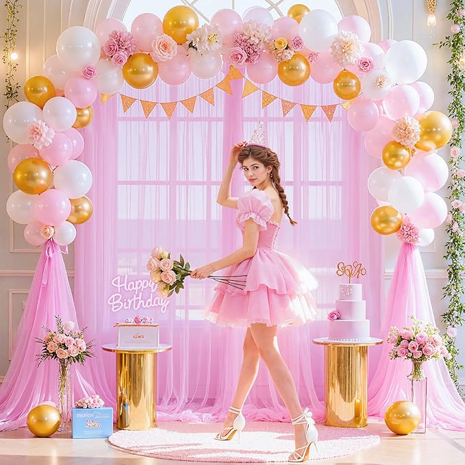 Pink Sheer Backdrop Curtains for Girls Baby Shower Gender Reveal Birthday Party 10ft × 10ft Pink Tulle Backdrop Drapes Panels for Parties Photoshoot Background Decorations 2 Panels 5ft X 10 ft