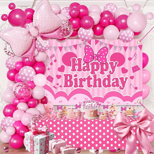 Pink Birthday Party Decorations For Girls,Happy Birthday Banner,Pink Balloon Arch Kit,Foil Balloons,Cake toppers
