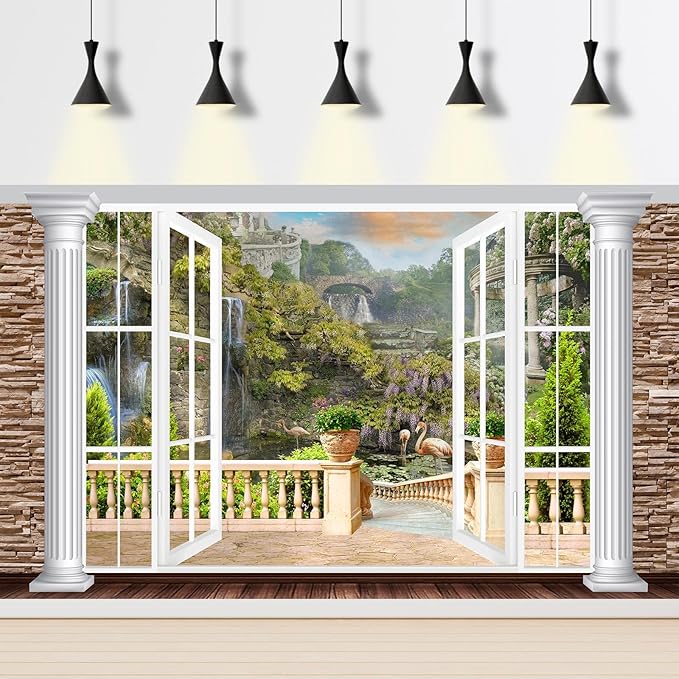 Window Scenery Backdrop White Windowsill Floral Garden Green Forest Natural Rock Stone Photography Background Garden Style Family Union Party Banner Wall Decor Photo Shoot Booth Props 15x8ft