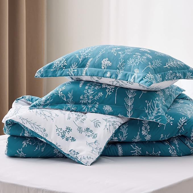 Bedsure Full Comforter Set - Teal Blue Bed Set, 3 Pieces Cute Floral Bedding, 1 Soft Reversible Botanical Flowers Comforter and 2 Pillow Shams