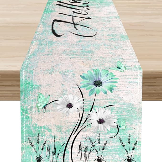 Daisy Floral Table Runner, Rustic Sunflower Wild Flowers Wooden Spring Teal Decor for Family Kitchen Farmhouse Holiday Party Table Decorations Indoor Outdoor 13x90 inch
