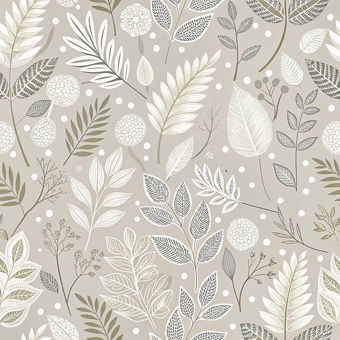 Gray Leaf Peel and Stick Wallpaper Grey White Floral Contact Paper Easy Peel Off Self-Adhesive Removable Stick on Wall Paper for Kitchen Cabinet Drawer 17.71" X 236.2"