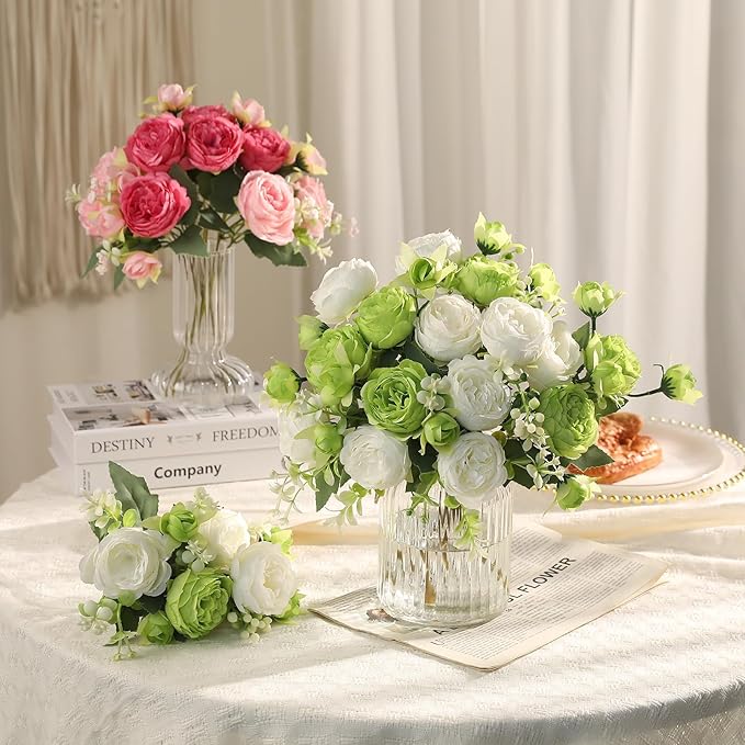 Floweroyal 4 Bunches Peony Artificial Flowers Green Flowers Silk Peonies Bouquets for Wedding Party Table Centerpieces Floral Arrangement Home Kitchen Decor
