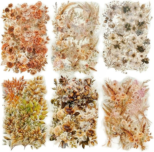 TIAMECH Amber Flower Shadow PET Stickers - 120 Pcs Branch Garland Flicker Design, Waterproof Sticker for Journaling & Scrapbooking, Junk Journal Supplies, Ephemera & DIY Crafts