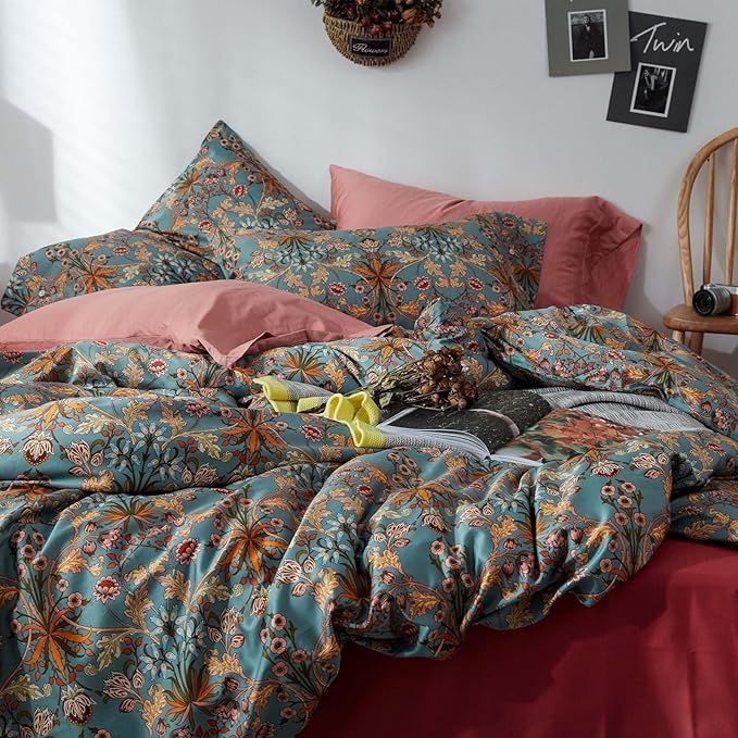 VM VOUGEMARKET Boho Comforter Set Full,Green Medallion Floral Bedding Set Retro Vibrant Bohemian Pattern Quit Comforter with 2 Pillowcases