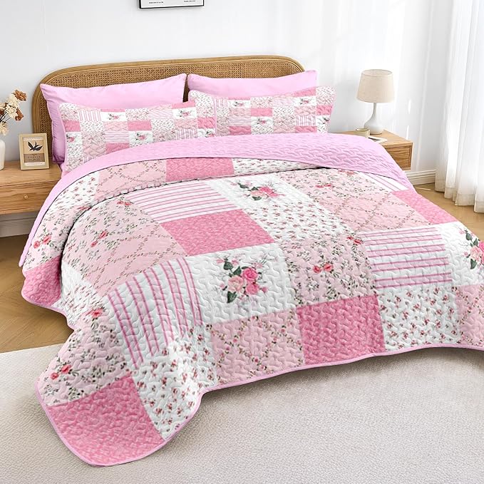 Quilt Set Twin Size, Pink Patchwork Flowers 2 Pcs Soft Bed Cover Bedding Set, Garden Floral Lightweight Bedspread Coverlet with Pillow Sham for All Season