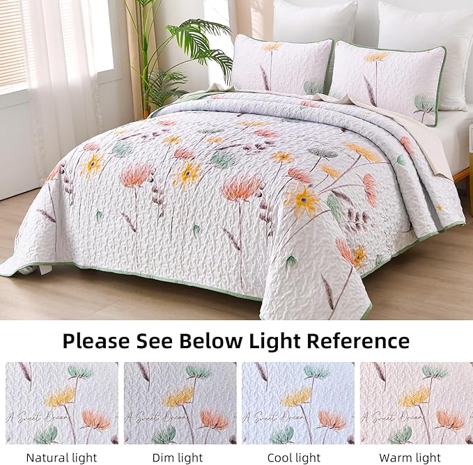 Dinjoy King Size Quilt Set Floral,3 Pieces Green & Yellow Quilts Coverlet Set Boho Cute Bedspreads Bed Cover Lightweight White Bedding Sets for Spring Bed (90"x110")