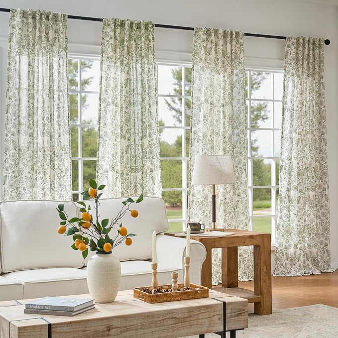 jinchan Linen Floral Curtains for Living Room with Printed Flower 96 Inches Long Light Filtering Farmhouse Window Treatment Vintage Drapes Back Tab Rod Pocket 2 Panels Green on Beige