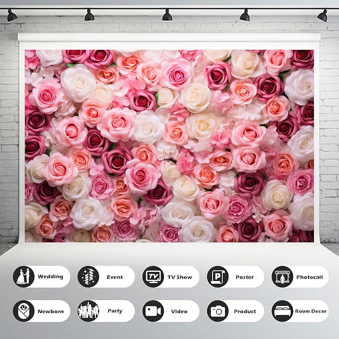 Pink Roses Background Flowers Wall Photography Background Various Floral Roses Backdrops Anniversary Birthday Wedding Baby Shower Backgrounds Decor Children Adults Video Studio Prop 8x6ft