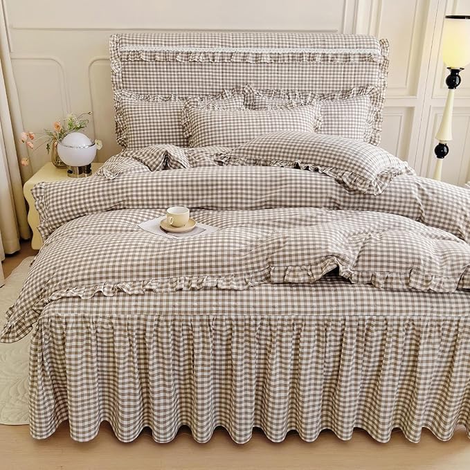 LifeTB Tan Gingham Comforter Set Twin XL Vintage Ruffle Taupe Plaid Checkered Comforter Set 3 Pieces Soft Fluffy Beige Grid Bed Comforter with 2 Pillowcases Farmhouse Gingham Bedding Set
