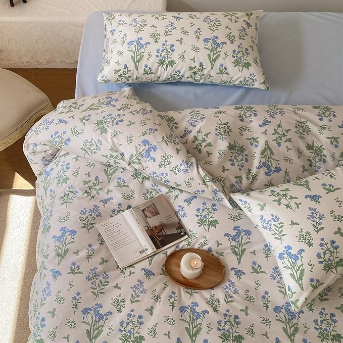 HighBuy Girl Blue Floral Comforter Set Twin XL Size White Comforter Sets Botanical Coquette Bedding Comforter Twin XL with 2 Pillowcases Garden Style Floral Bedding Comforter Set