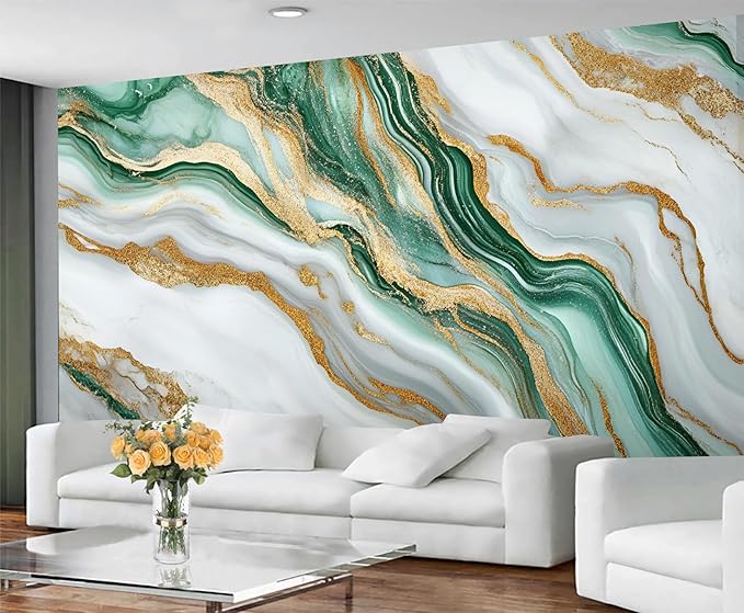Green Gold Marble Wall Mural, Elegant Marble 3D Wall Murals, Luxury Stone Texture Wallpaper Mural, for Living Room Bedroom Large Wallpaper Indoor Decor 197" W x124.8 H