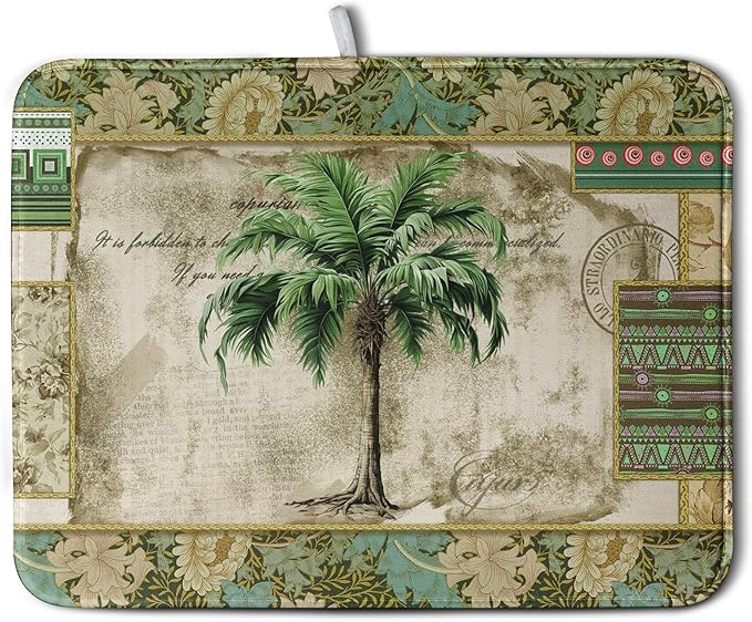Palm Tree Kitchen Dish Drying Mat for Dishes 16x18 Inch Summer Vintage Tropical Leaves Green Jungle Plant Drying Mat Botanical Dish Drainer Mat Super Absorbent Dish Rack Pad for Coffee Bar Sinks