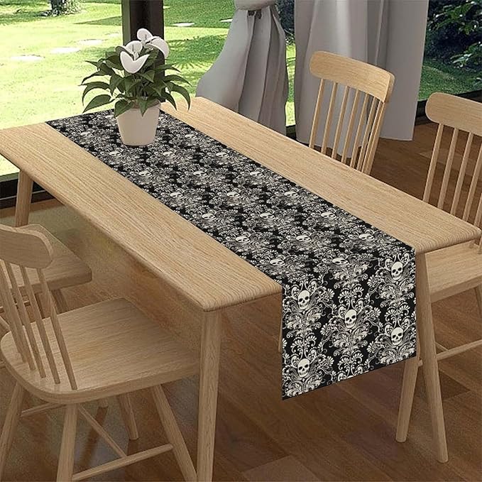 Gothic Table Runner, Black Damask Skull Boho Vintage Art Print Linen Table Center Decor Family Kitchen Outdoor Farmhouse Holiday Party Table Decorations 13x72 inch