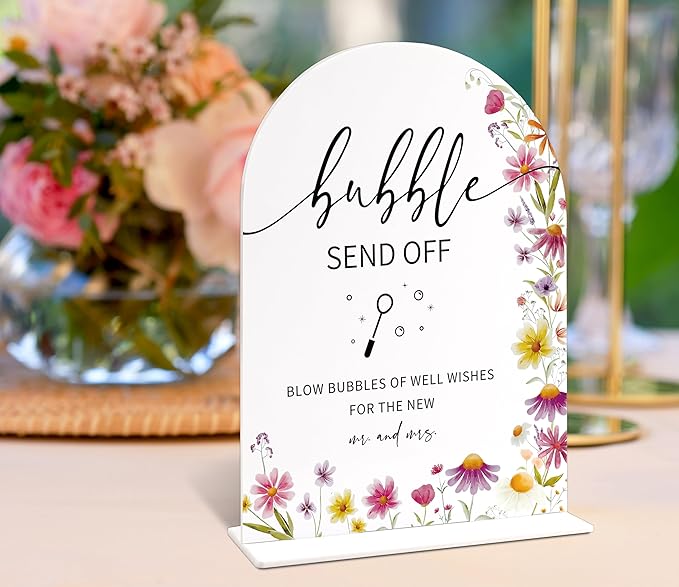 Bubble Send off Sign for Wedding Table Decor, Wild Flower Arch Acrylic Wedding Signs for Reception, Love Is In Bloom Bridal Shower Floral Engagement Party Decorations, 6x8 Inch