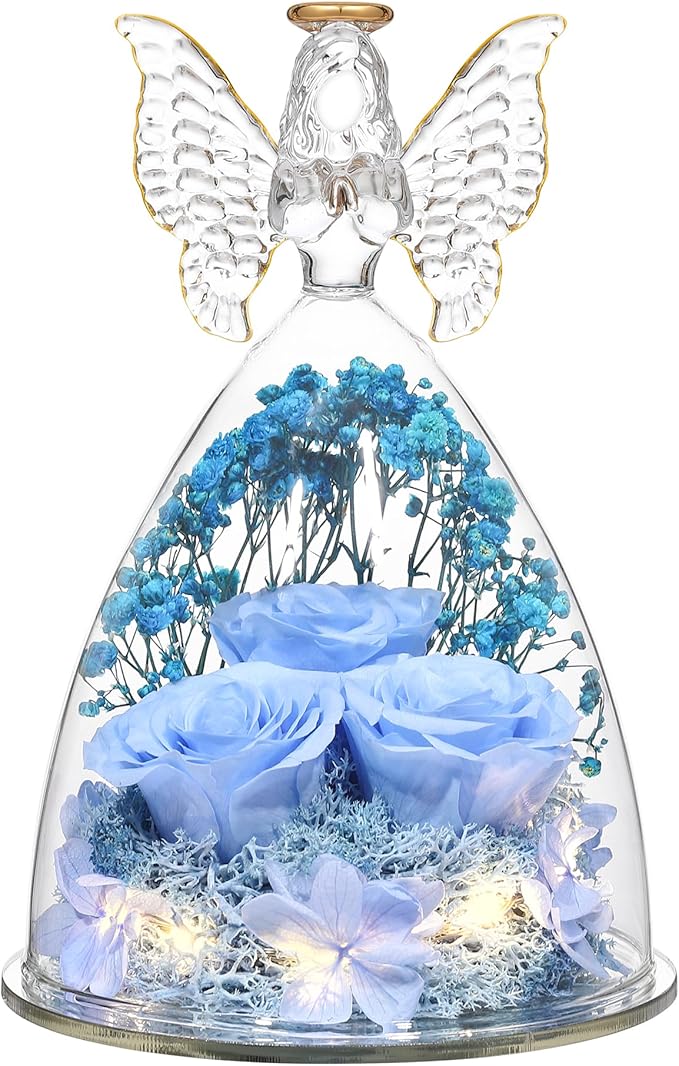 Christmas Rose Gifts for Women Preserved Real Flower in Glass Angel Figurines Roses for Delivery Prime Birthday Gifts for Mom Grandma Girlfriend Wife Her, Sky Blue