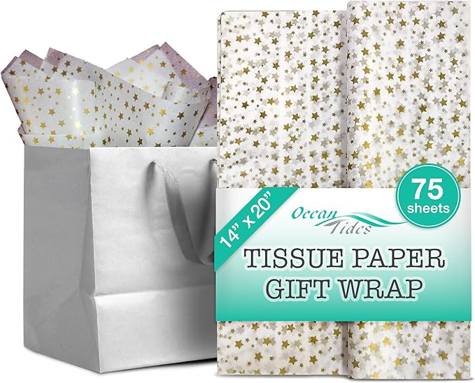 Ocean Tides 75 Sheets (14 x 20 Inches) Christmas Wrapping Paper – Gift Wrapping Tissue Paper Bulk for Crafts, Birthdays, & Holidays – Colored Tissue Papers for Gift Bags & Decorations, Gold Stars