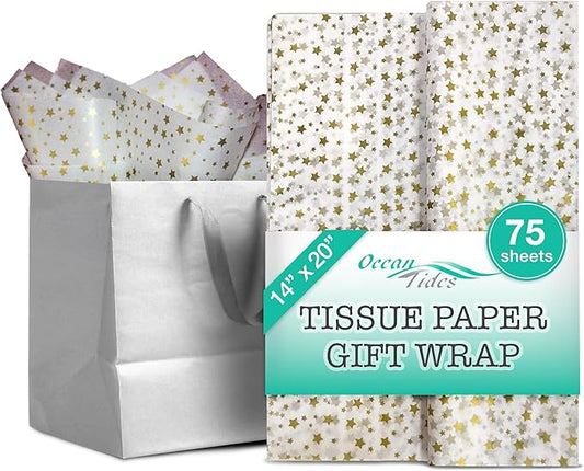 Ocean Tides 75 Sheets (14 x 20 Inches) Christmas Wrapping Paper – Gift Wrapping Tissue Paper Bulk for Crafts, Birthdays, & Holidays – Colored Tissue Papers for Gift Bags & Decorations, Gold Stars