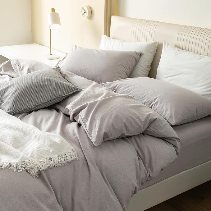 JIYUAN 100% Washed Cotton Duvet Cover Set 3 Pieces Super Queen, 1 Duvet Cover 90x98 Inches(Comforter Not Included) and 2 Pillowcases,Linen Feel Bedding Set Comfy and Breathable, Heathered Linen