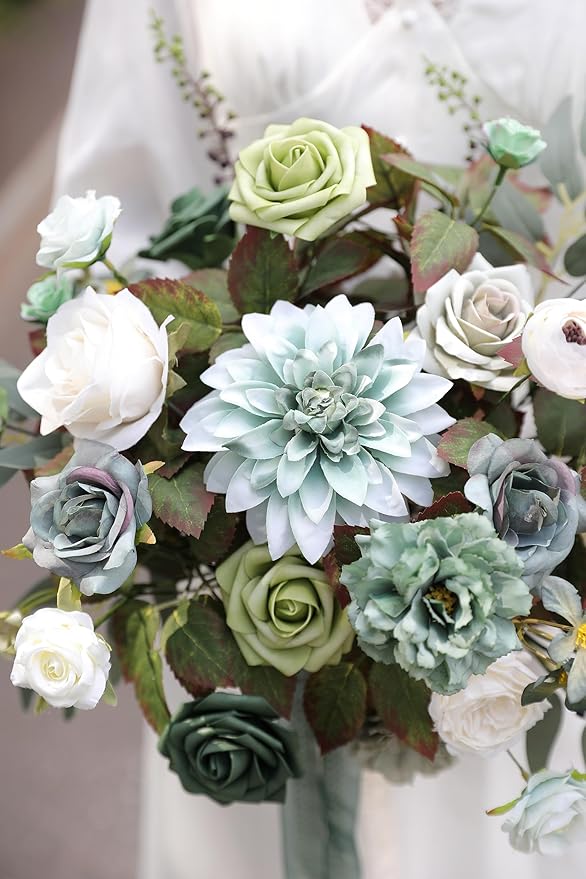 YYHUAWU Artificial Flowers Combo Set Fake Flower Leaf Box with Stems for DIY Wedding Bouquets Centerpieces Arrangements Baby Shower Party Home Decorations (Tiffany Blue & Forest Green)
