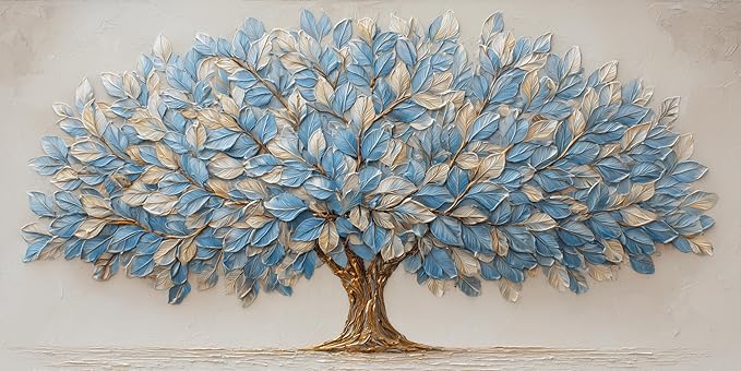 Blue Tree of Life Canvas Wall Art Nature Blue Gold Leaf Abstract Tree Canvas Painting Textured Pictures, Modern Large Panoramic Landscape Ready for Living Room Bedroom Office Home Décor 30L" x 16W"